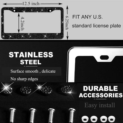 2 Pack Bling License Plate Frames – Black Rhinestone Stainless Steel - Horizon Endless