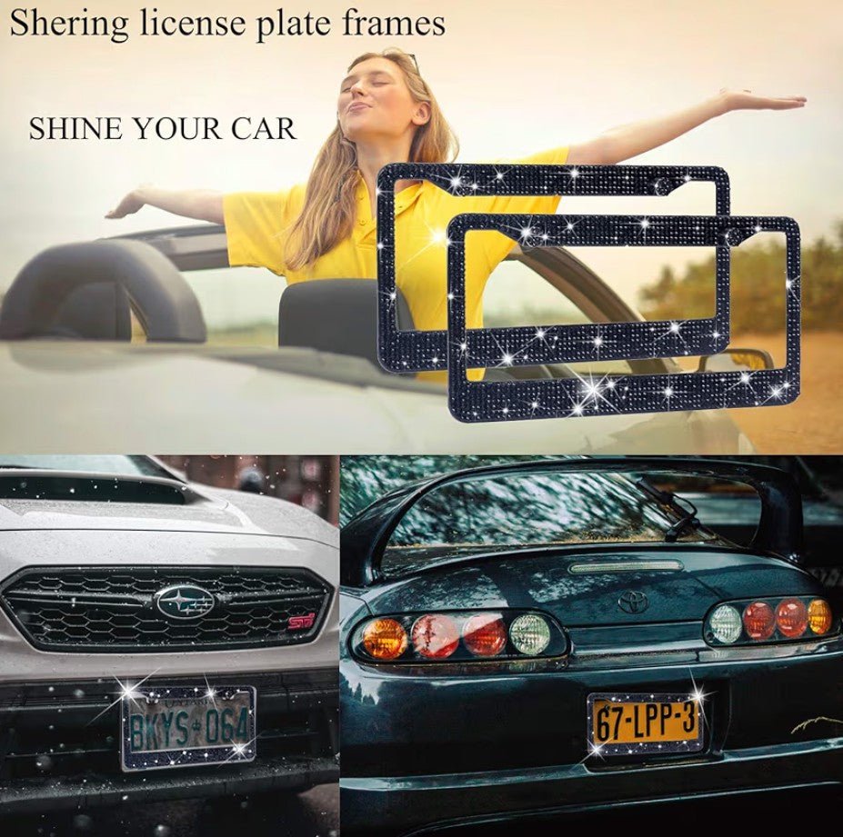2 Pack Bling License Plate Frames – Black Rhinestone Stainless Steel - Horizon Endless