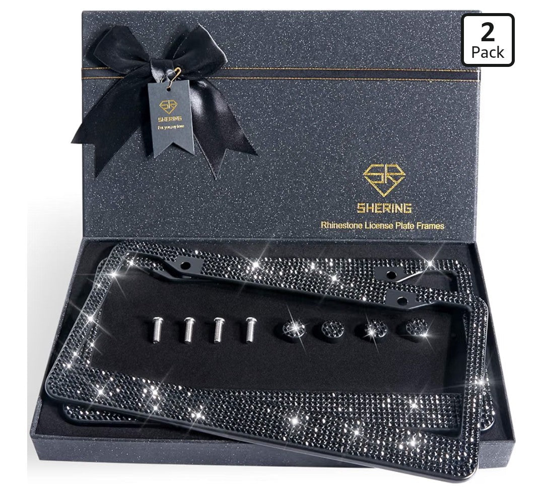 2 Pack Bling License Plate Frames – Black Rhinestone Stainless Steel - Horizon Endless