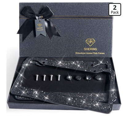 2 Pack Bling License Plate Frames – Black Rhinestone Stainless Steel - Horizon Endless