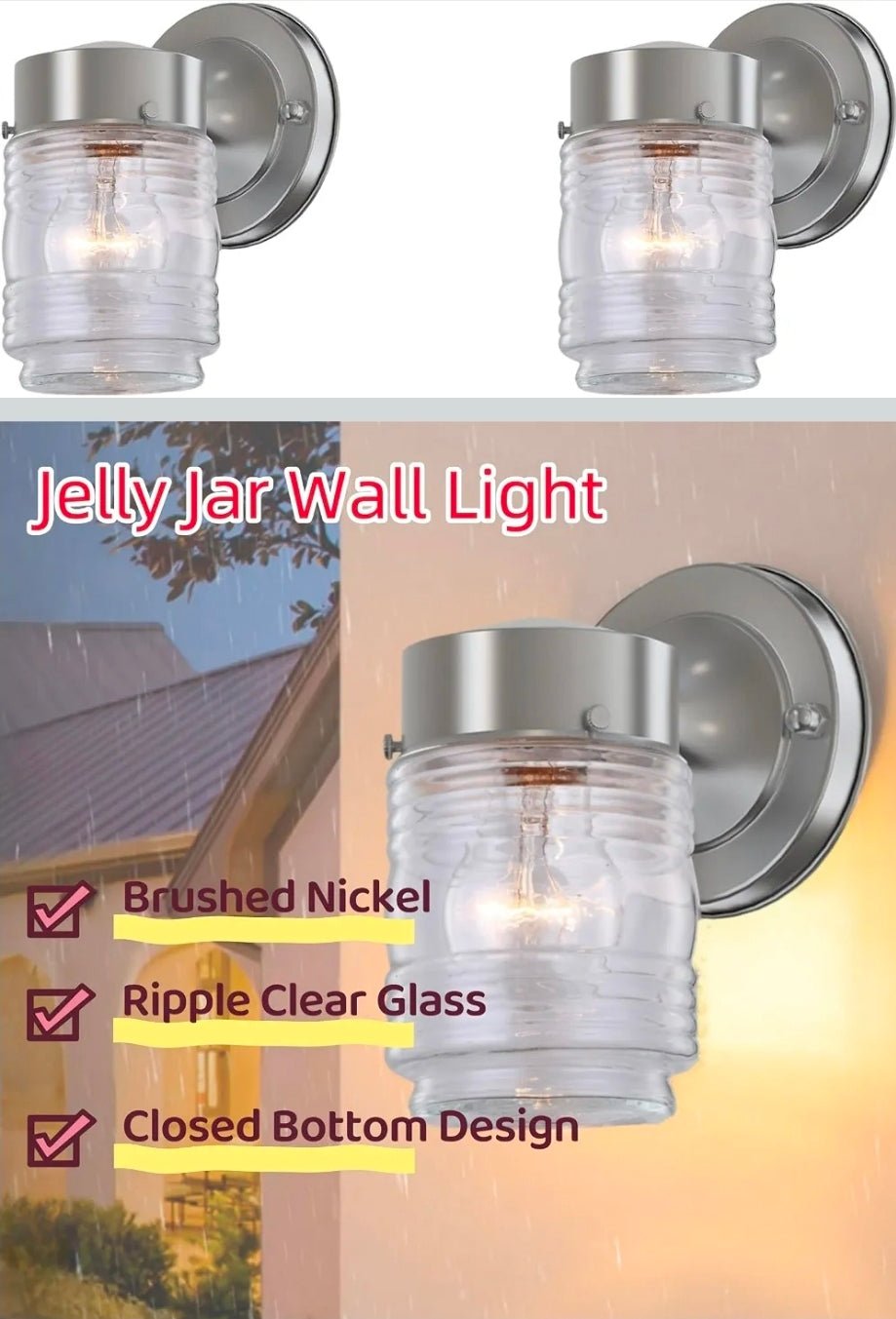 Brushed Nickel Outdoor Wall Lights - Weather Resistant Porch Lighting Fixture - Horizon Endless