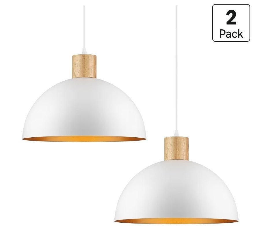 2 Pack Large White Pendant Light, 16 Inch Wood Dome Pendant Lights Fixtures - Horizon Endless