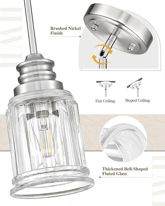 2 Packs Farmhouse Pendant Light Fixtures, 1-Light,Bell-Shaped Fluted Clear Glas - Horizon Endless
