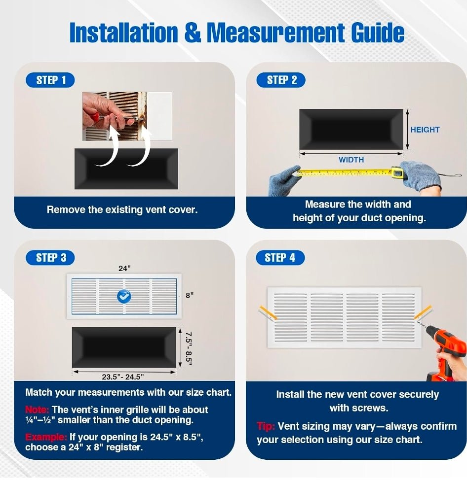24x8 Steel Return Air Grille, HVAC Vent Cover, 0.7cm Overall Depth Fits 24"W x 8"H Duct Opening, Wall & Ceiling, Outer 25.75"W x 9.75"H - Horizon Endless