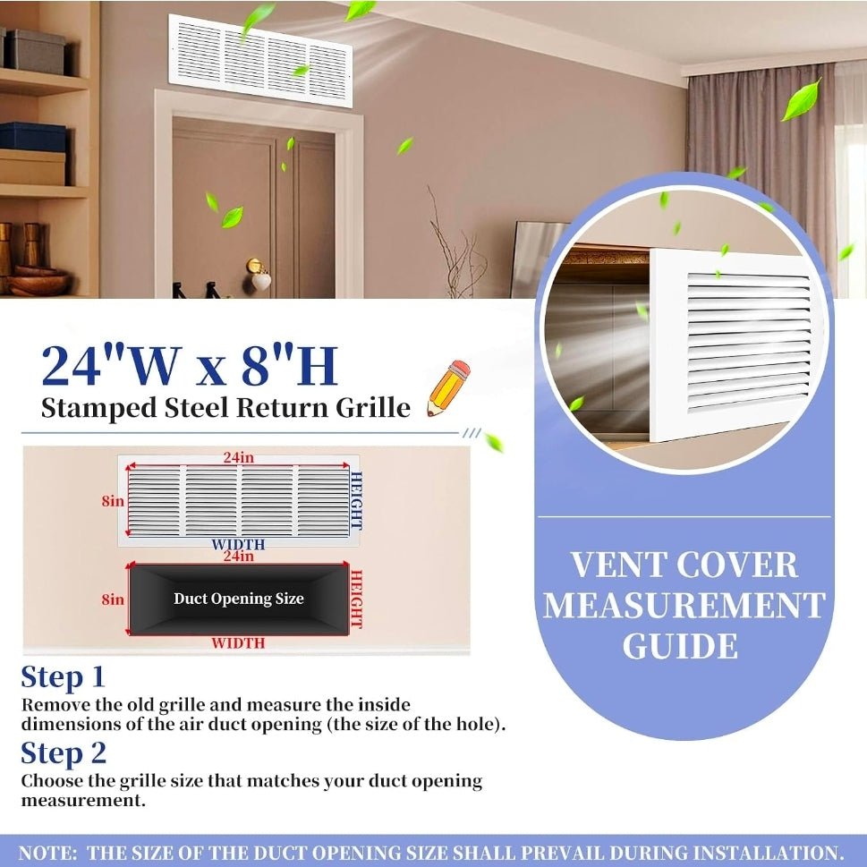 24x8 Steel Return Air Grille, HVAC Vent Cover, 0.7cm Overall Depth Fits 24"W x 8"H Duct Opening, Wall & Ceiling, Outer 25.75"W x 9.75"H - Horizon Endless