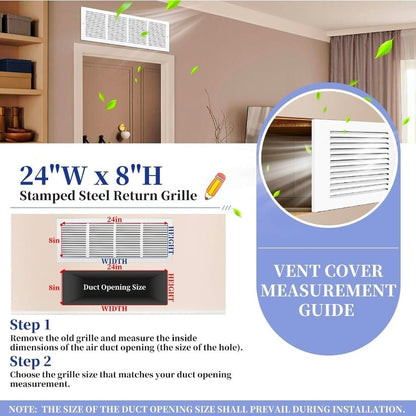 24x8 Steel Return Air Grille, HVAC Vent Cover, 0.7cm Overall Depth Fits 24"W x 8"H Duct Opening, Wall & Ceiling, Outer 25.75"W x 9.75"H - Horizon Endless