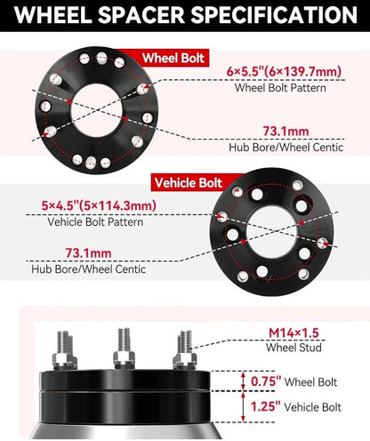 2in 5x4.5 to 6x5.5 Wheel Adapters for Mustang Explorer Aviato 5x114.3mm to 6x139.7mm Hub Centric Wheel Adapters 73.1mm Vehicle Side 78mm Wheel Side with 14x1.5 Thread Pitch 2PCS - Horizon Endless