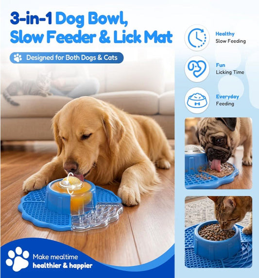 3-in-1 Slow Feeder Dog Bowl with Lick Mat & Rolling Lick Ball | 10oz Silicone Enrichment Feeder for Kibble, Treats & Wet Food - Horizon Endless