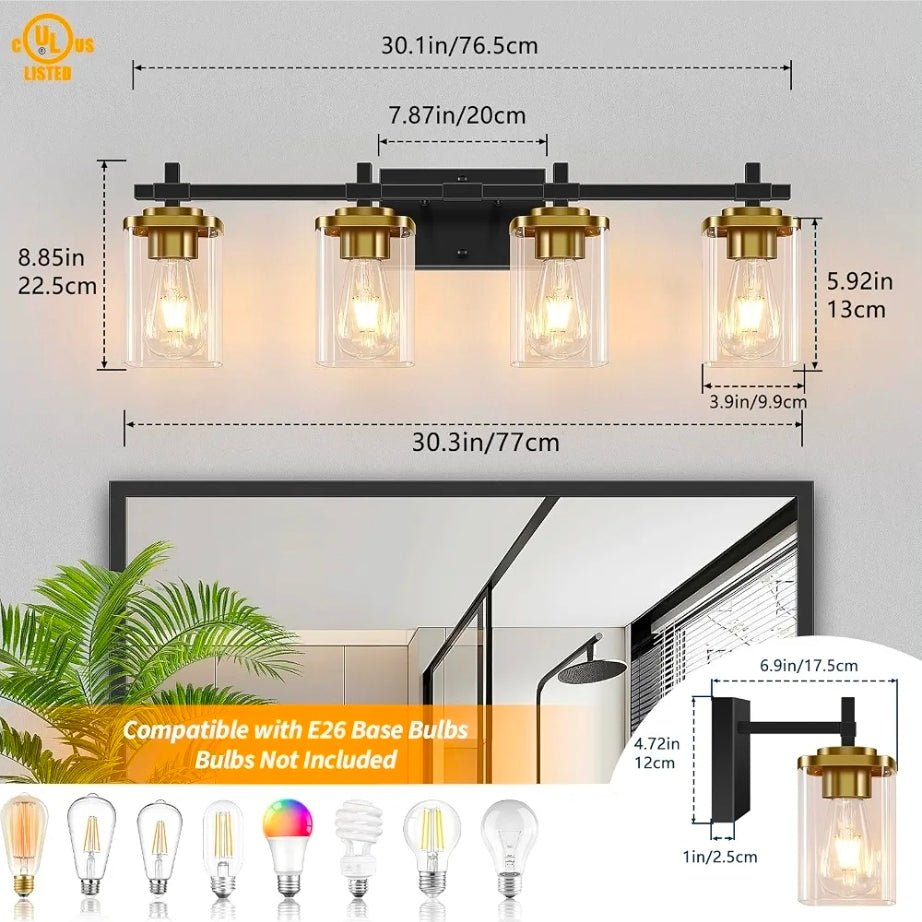 4-Light Modern Black and Gold Vanity Lights, Stylish Bathroom Wall Sconces - Horizon Endless