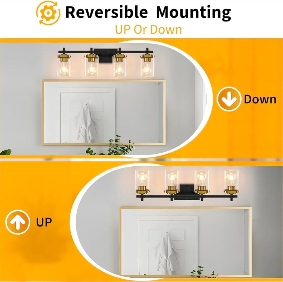 4-Light Modern Black and Gold Vanity Lights, Stylish Bathroom Wall Sconces - Horizon Endless