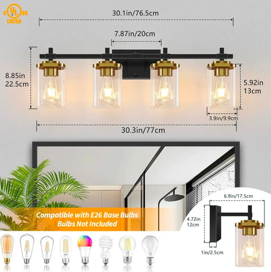 4-Lights Black and Gold Bathroom Vanity Light, Modern Bathroom Wall Sconces Lighting with Clear Glass Shade, Gold Vanity Lights for Bathroom Bedroom Living Room Porch - Horizon Endless