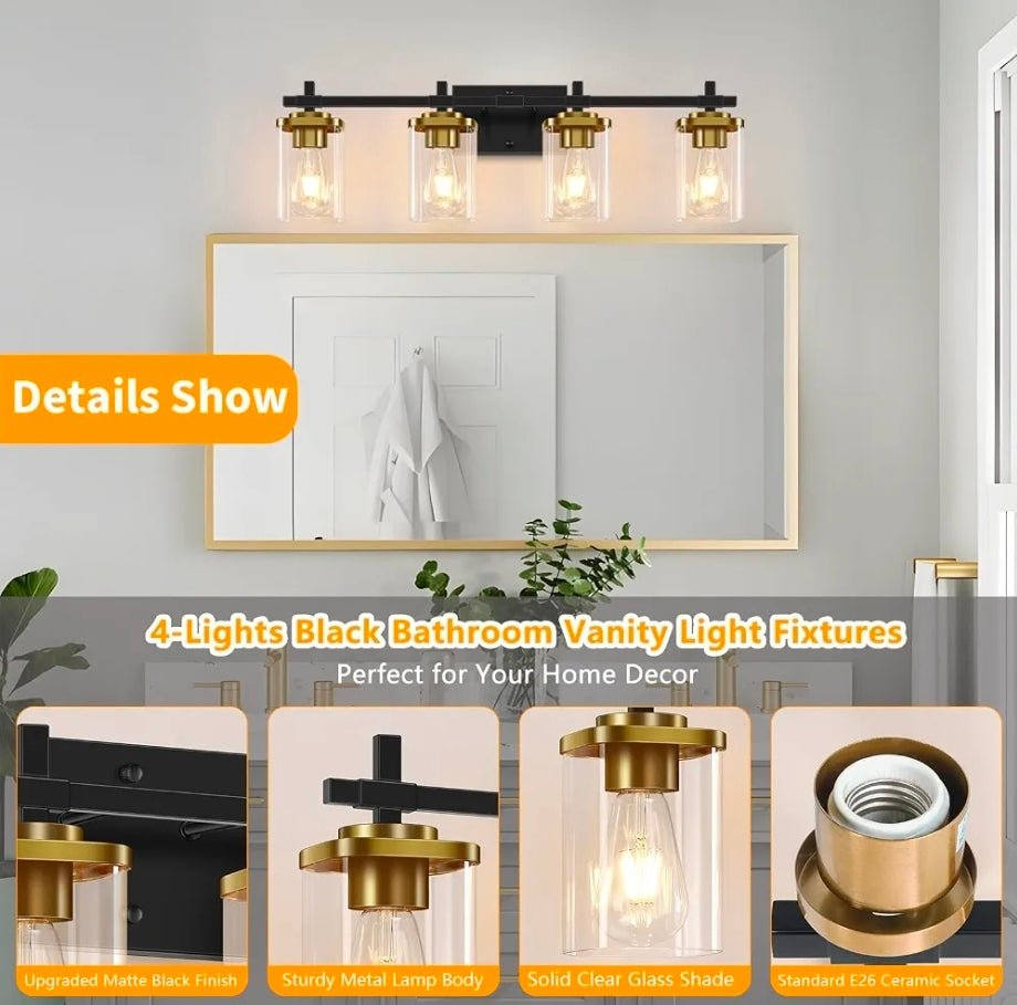 4-Light Modern Black and Gold Vanity Lights, Stylish Bathroom Wall Sconces - Horizon Endless