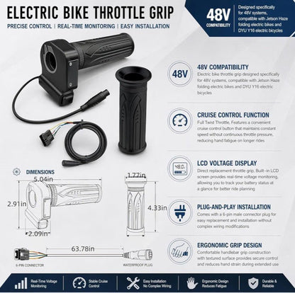 48V Electric Bike Throttle Grip with LCD Display & Cruise Control, 6-Pin - Horizon Endless