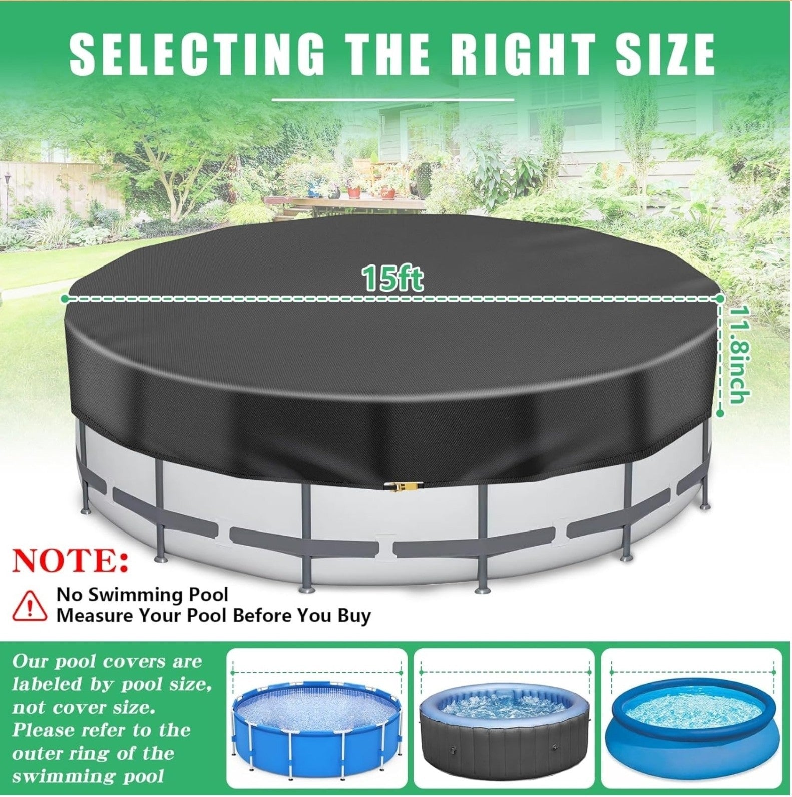 Round Pool Cover Heavy Duty Winter Pool Cover for 15 FT Above Ground Pool Black