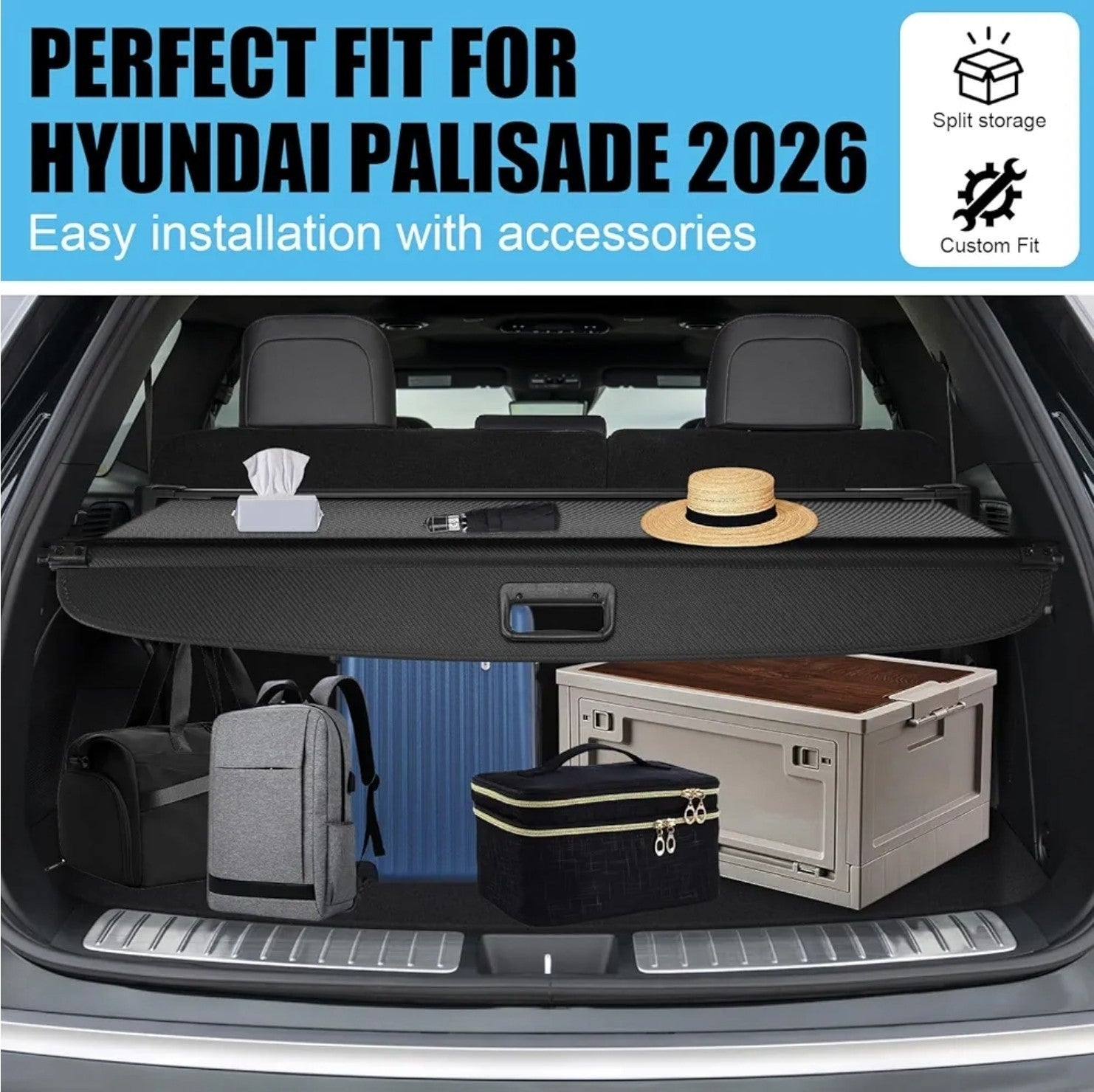 For 2026 Hyundai Palisade Leather Style Retractable Rear Trunk Cargo Cover Shade