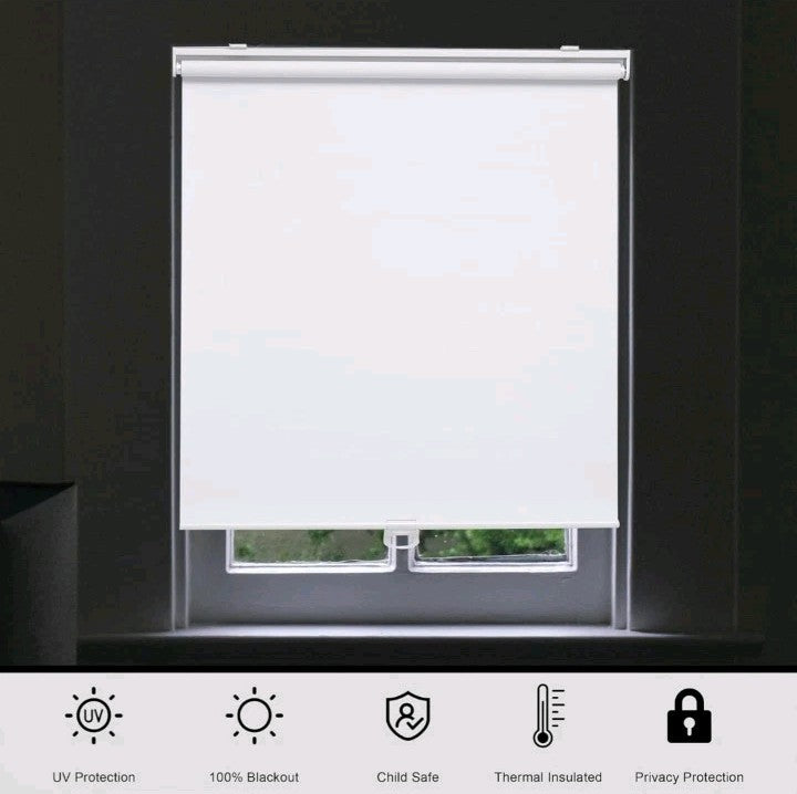 White Cordless Blackout Roller Shades - 52x72 Thermal Pull Down Window Blinds
