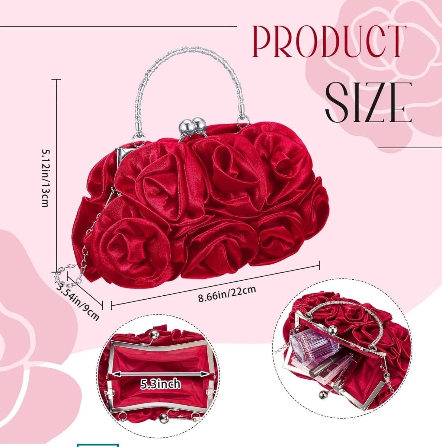 Women Evening Clutch, Small Floral Satin Purse with Detachable Strap for Moth...