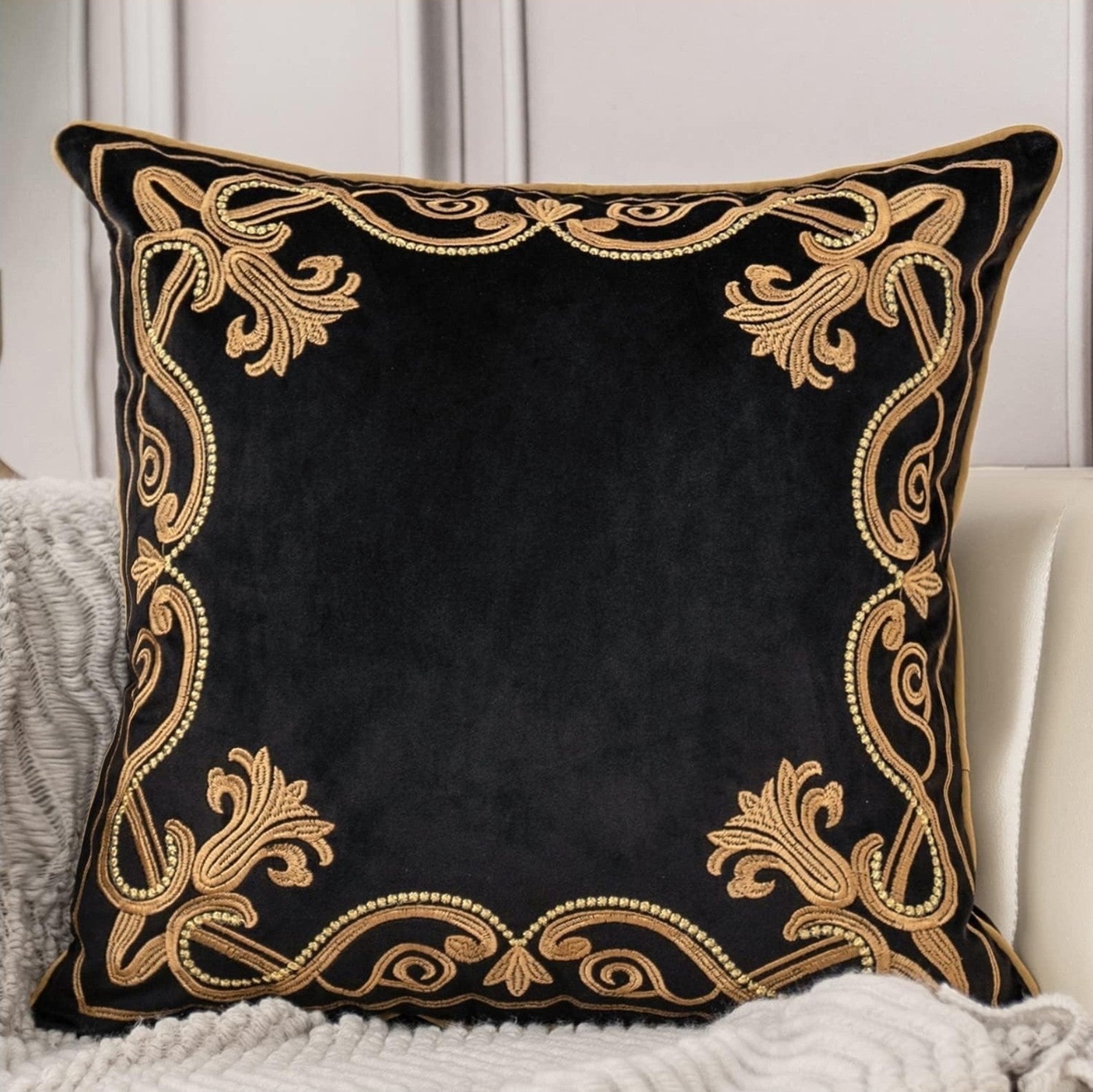 European Floral Pillow Cover 24X24 Inch, Luxury Velvet Embroidered Decorative Th
