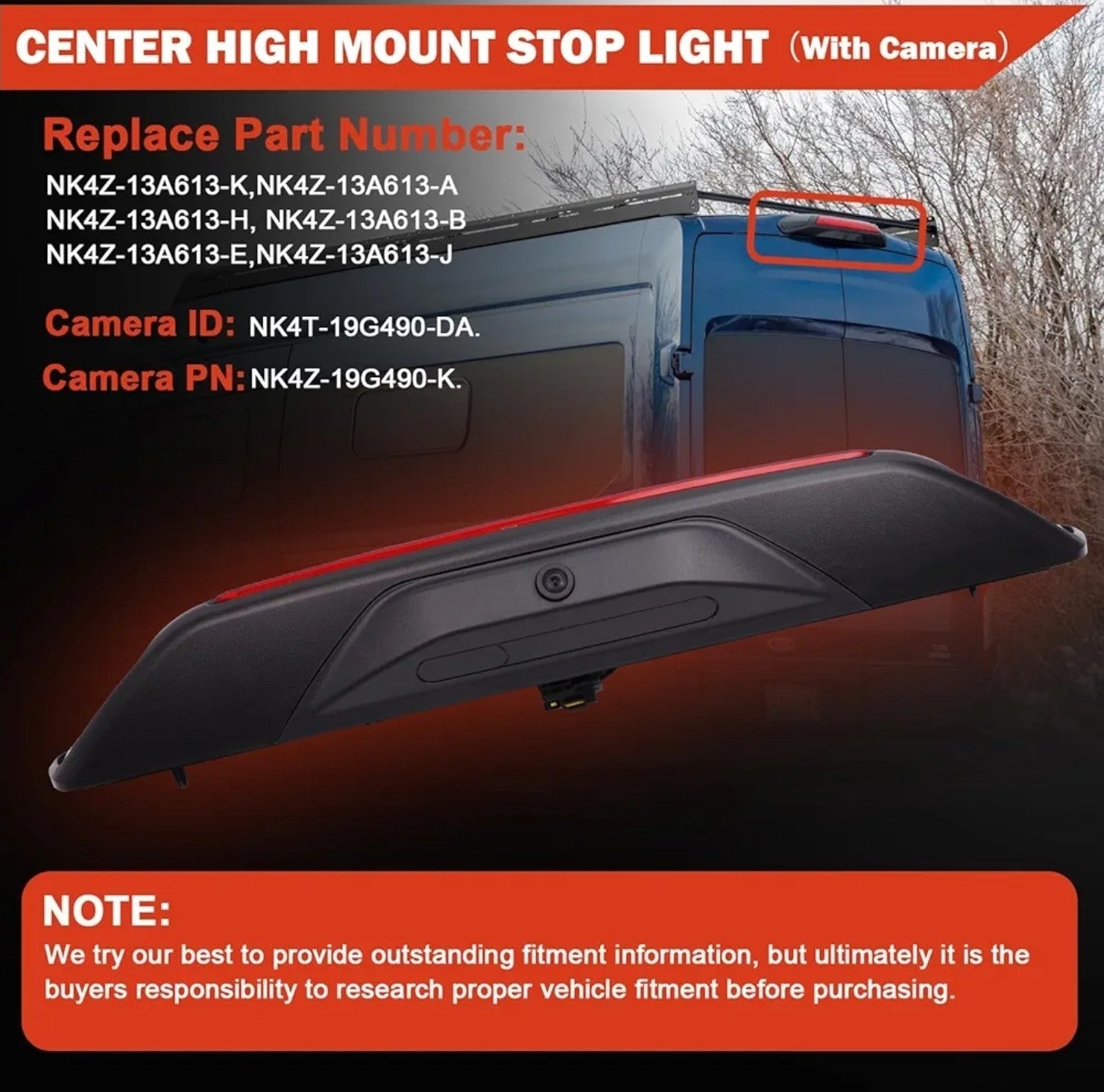 Third Brake Light With Camera Compatible with Ford Transit 150 250 350 2020-2025