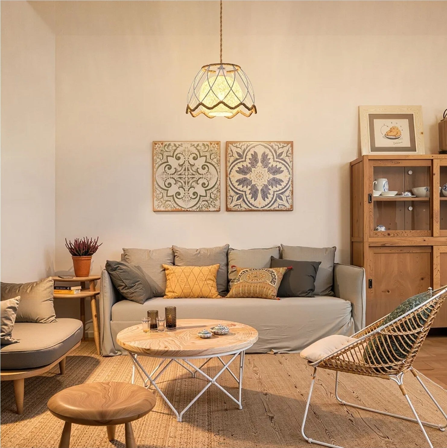 13'' Boho Rattan Pendant 1 Light Hand Woven Chandelier for Dining Room Fixture