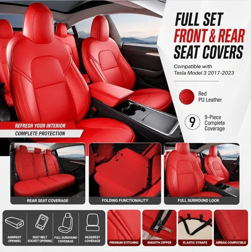 For 2017-2023 Tesla Model 3 Leather Full Set Seat Cover Front & Rear Cushion Red