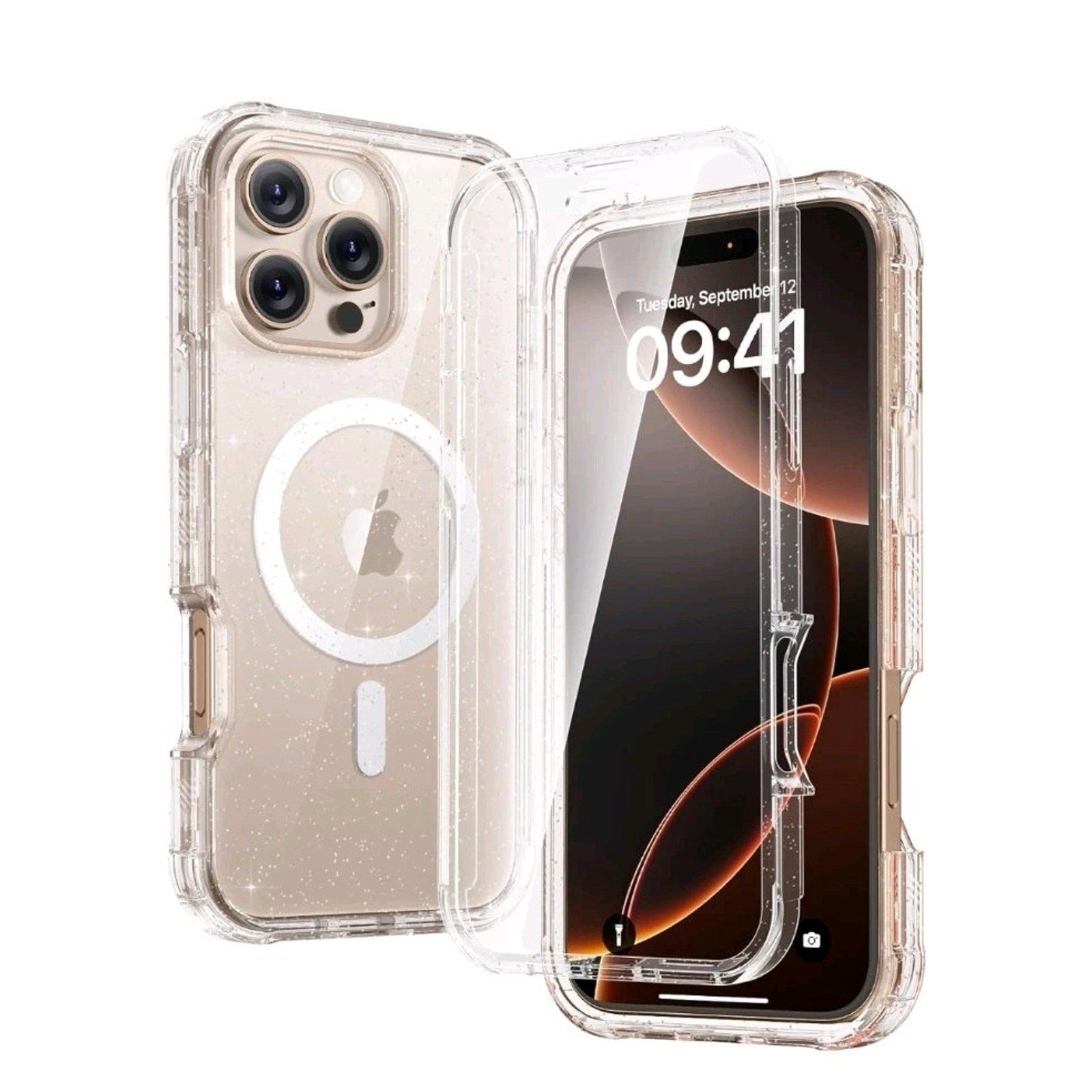 Iphone 16 Pro Mag Case Clear Glitter, with Screen Protector