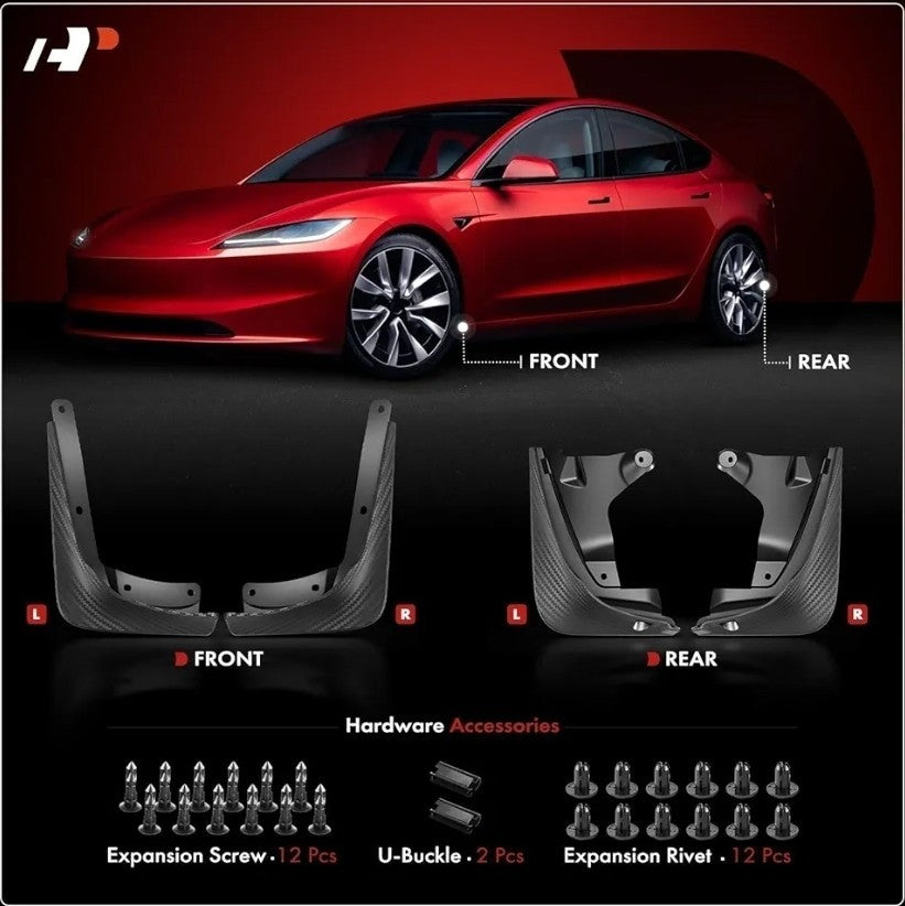 Custom Mudflaps For Tesla Model 3 Highland 2024 2025 Easy Install Black Carbon
