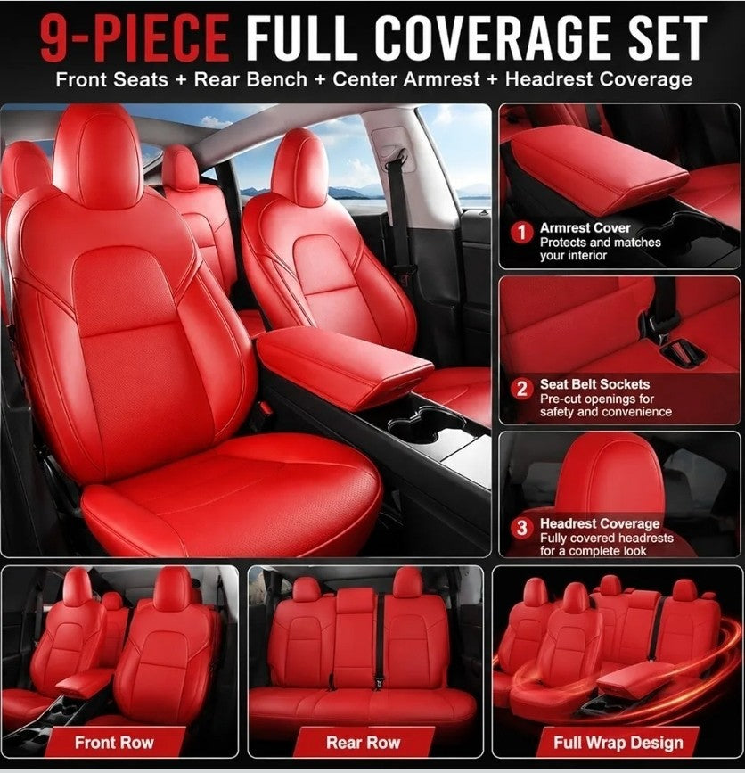 For 2017-2023 Tesla Model 3 Leather Full Set Seat Cover Front & Rear Cushion Red
