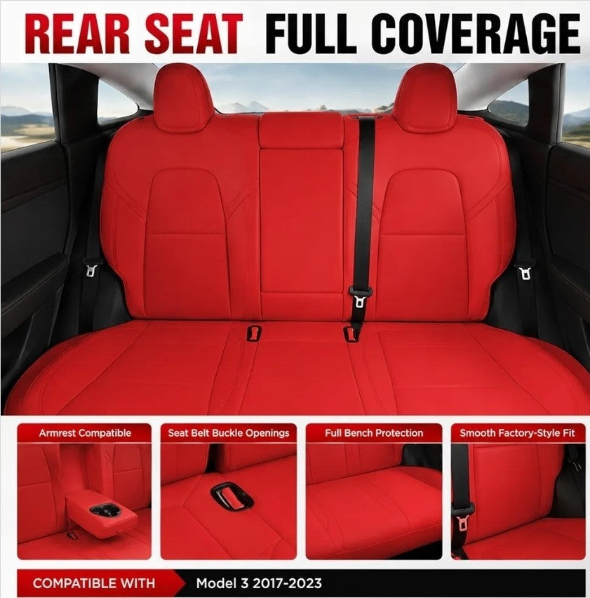 For 2017-2023 Tesla Model 3 Leather Full Set Seat Cover Front & Rear Cushion Red