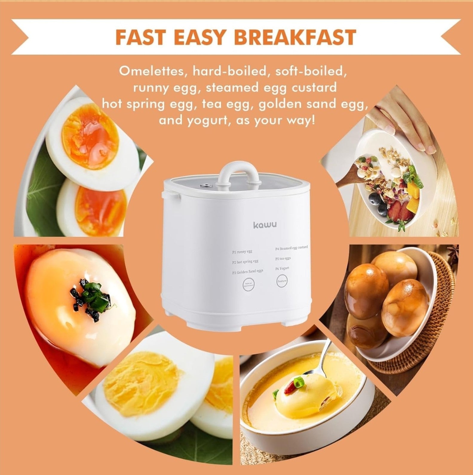 Rapid Egg Cooker, 6 In 1 Easy-To-Peel, Hard, Medium, Soft Boiled Eggs, Yogurt