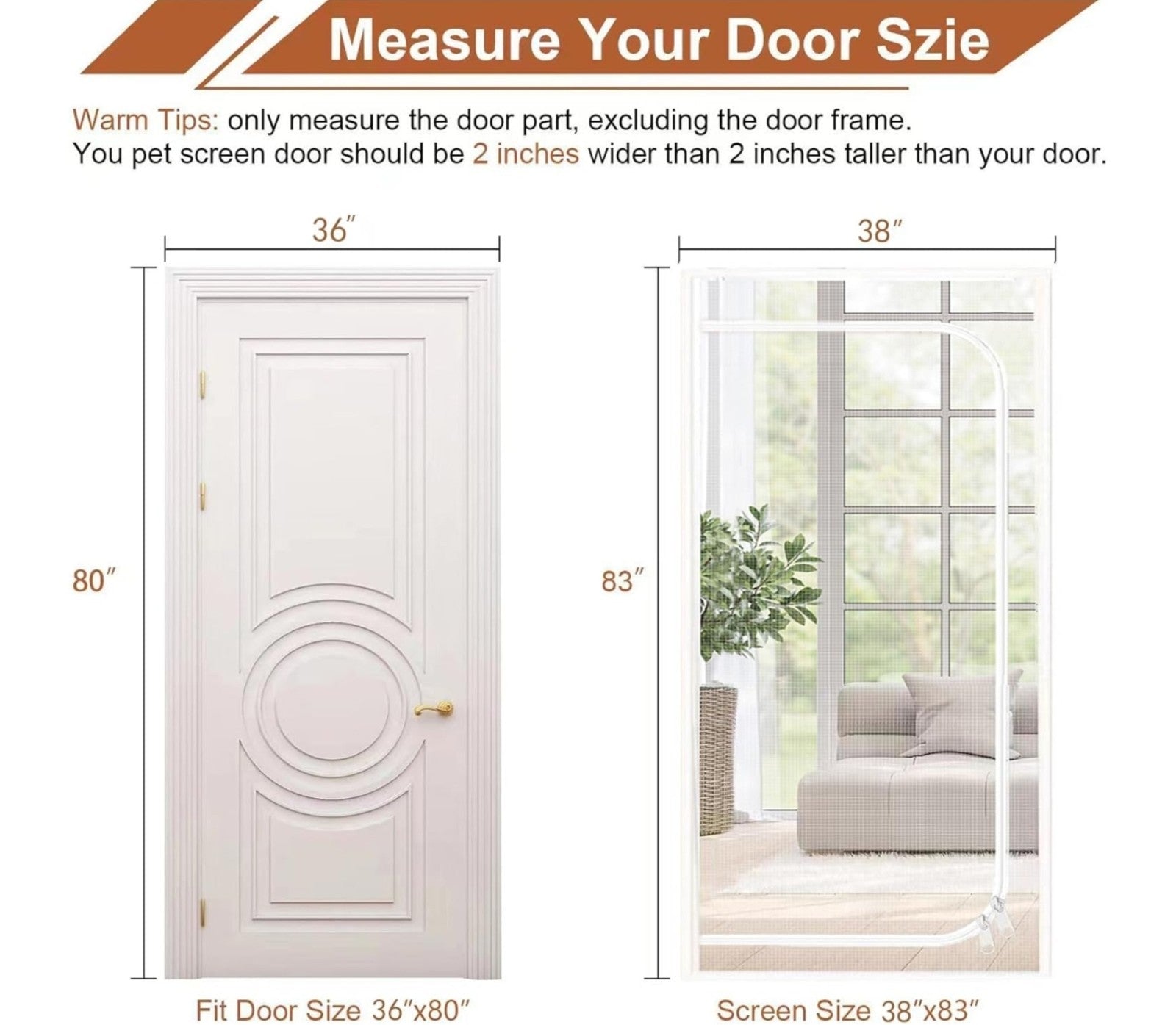 Reinforced Cat Screen Door 36"x80" Heavy Duty Pets Proof Zipper White Fits