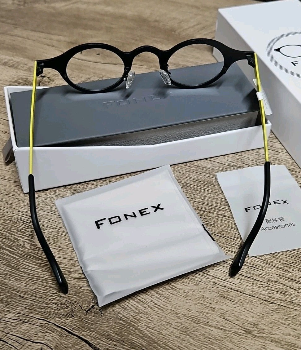 Unisex Round Titanium Eyeglasses Frame Black/ Yellow 39/27/150 Fonex