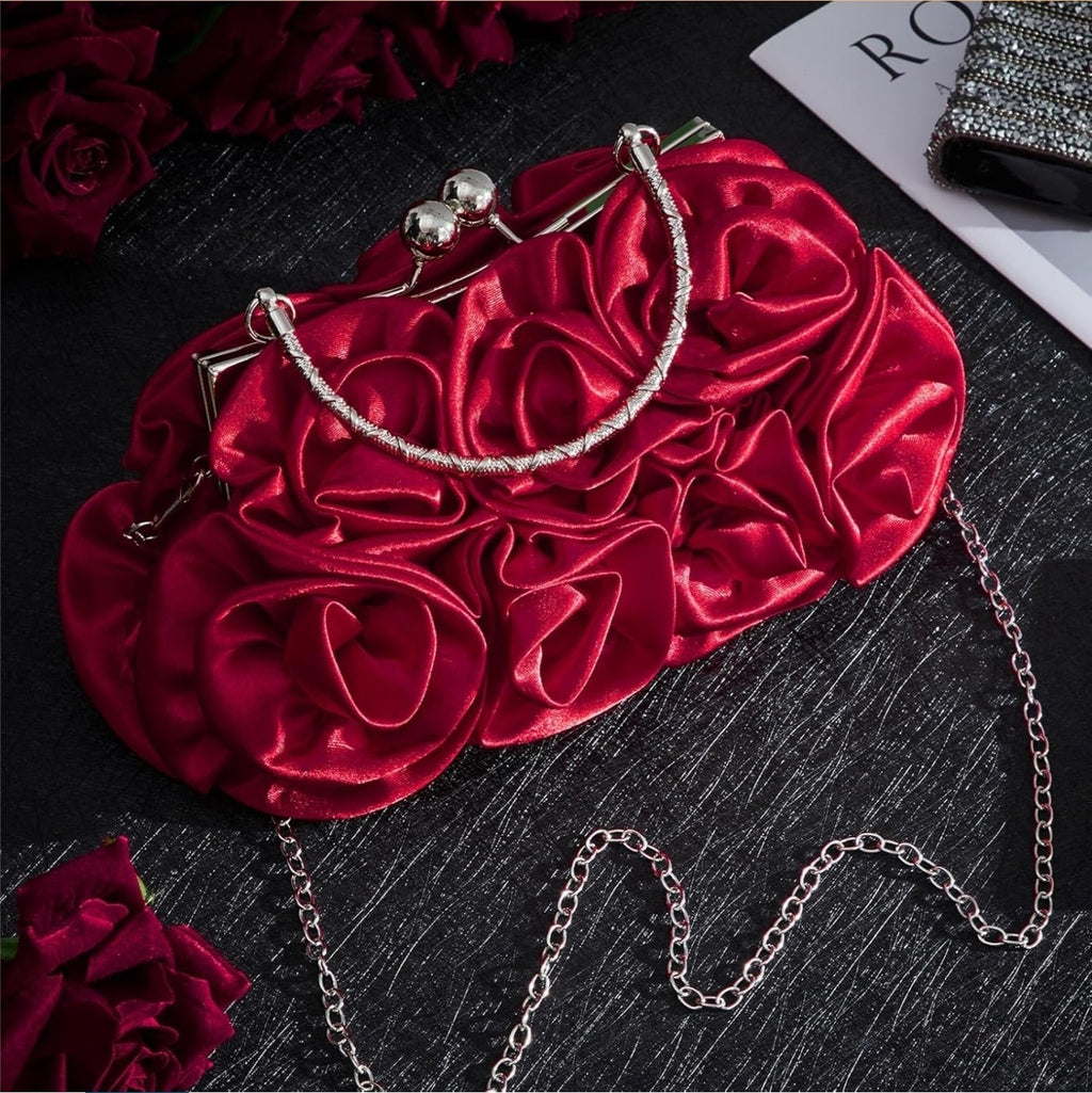 Women Evening Clutch, Small Floral Satin Purse with Detachable Strap for Moth...