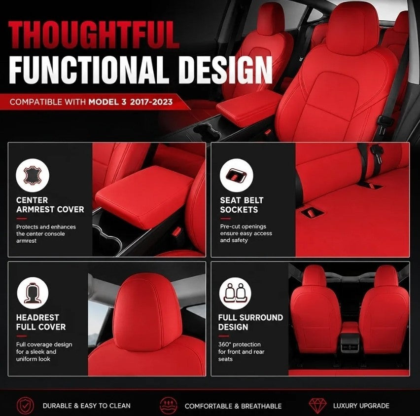 For 2017-2023 Tesla Model 3 Leather Full Set Seat Cover Front & Rear Cushion Red