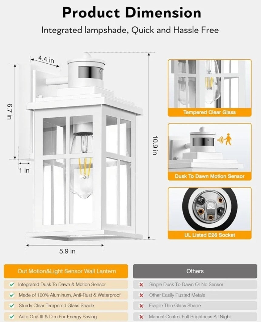 White Outdoor Wall Lights, Motion Sensor Porch Light Outdoor, Dusk to Dawn Ou...