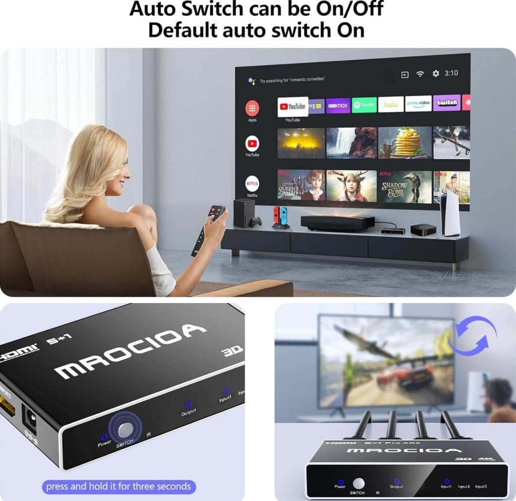 HDMI 2.0 Switch 3 in 1 Out with Remote, 4K 60Hz Splitter Switcher, HDCP 2.3, ...