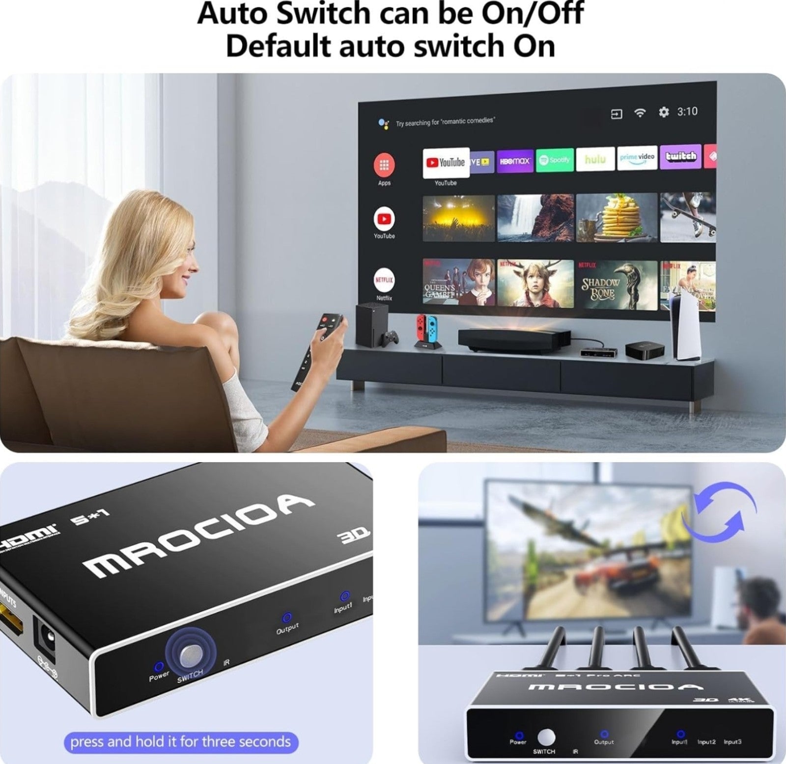 HDMI 2.0 Switch 3 in 1 Out with Remote, 4K 60Hz Splitter Switcher, HDCP 2.3, ...