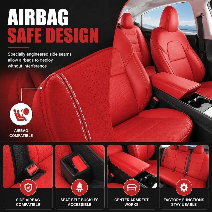 For 2017-2023 Tesla Model 3 Leather Full Set Seat Cover Front & Rear Cushion Red