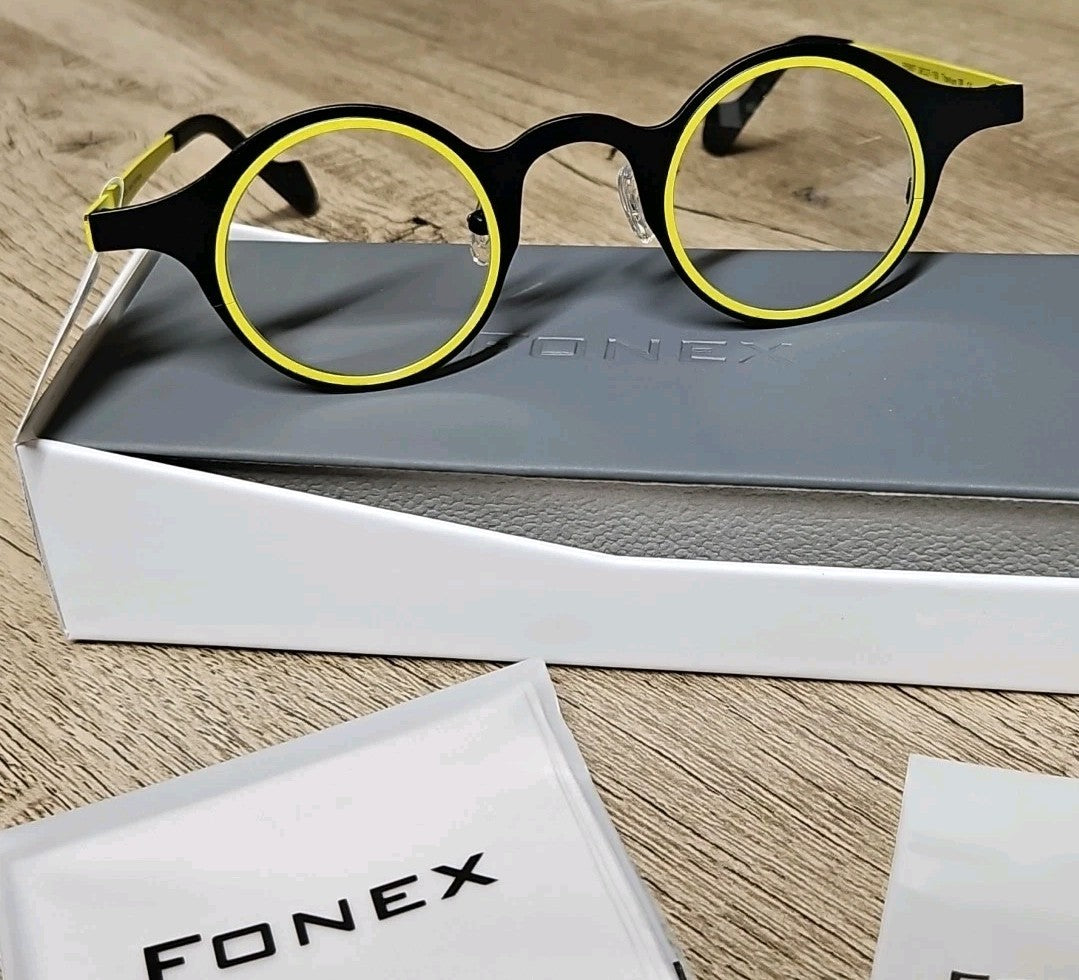 Unisex Round Titanium Eyeglasses Frame Black/ Yellow 39/27/150 Fonex
