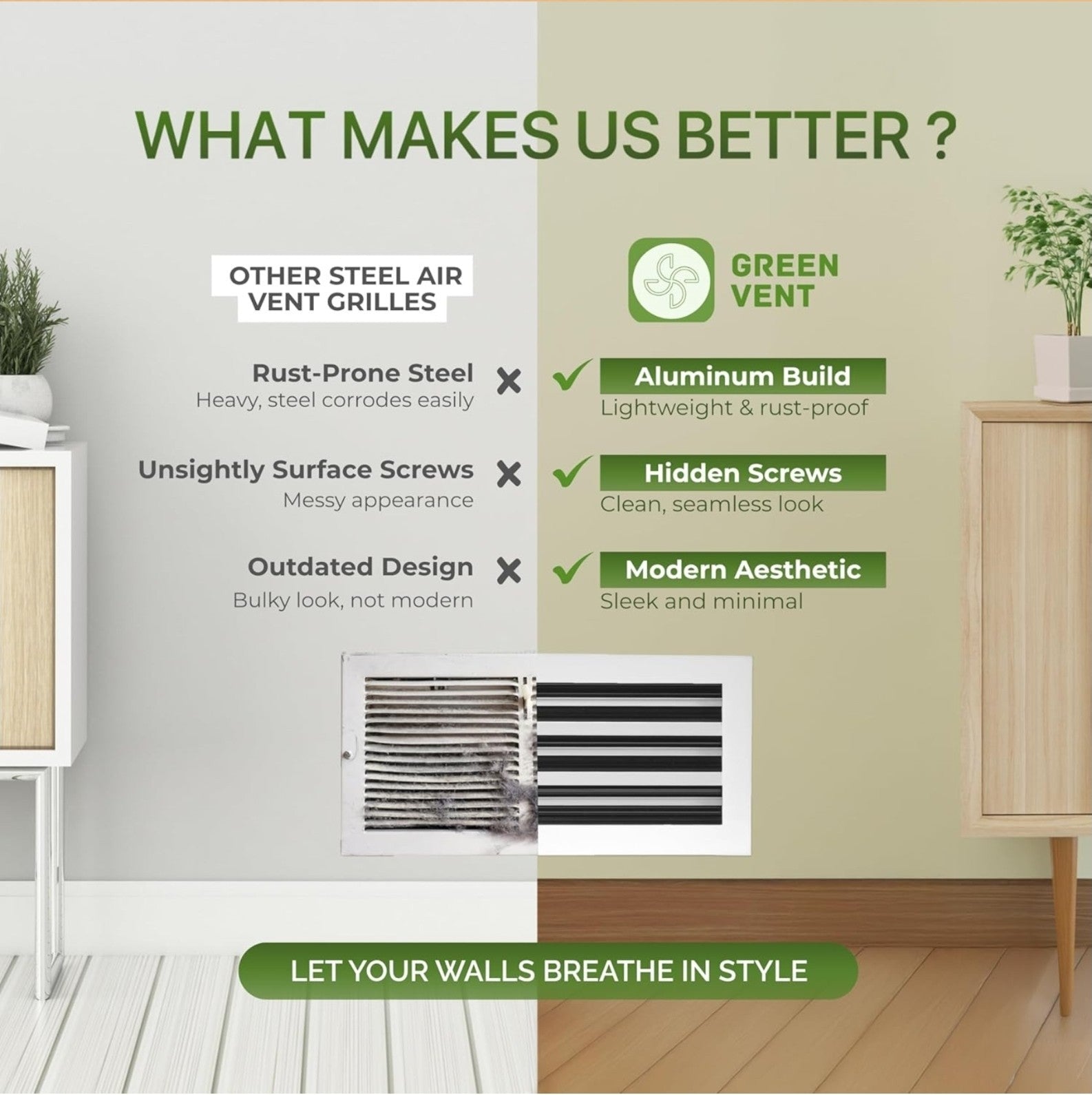 8x8 Modern AC Vent Cover-Decorative White Air Vent - Aluminum Linear Slot Adjust