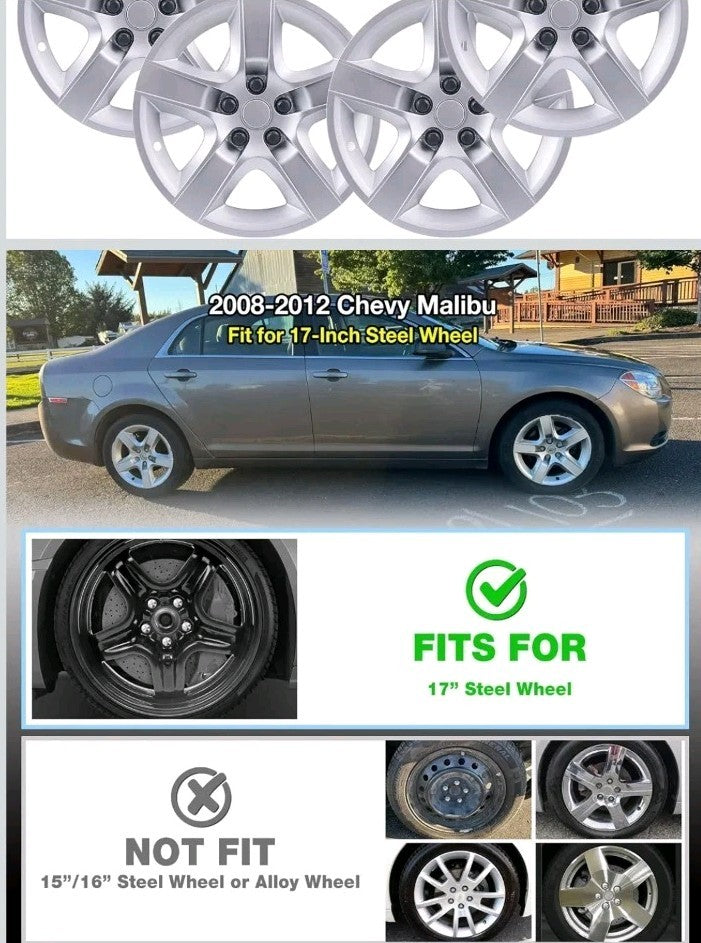 Set of 4 Hubcaps 17" Silver ABS Wheel Covers for 2008 - 2012 Chevrolet Malibu