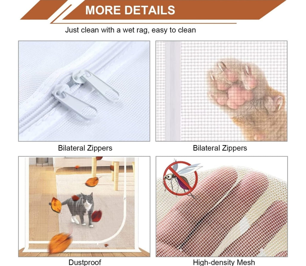 Reinforced Cat Screen Door 36"x80" Heavy Duty Pets Proof Zipper White Fits