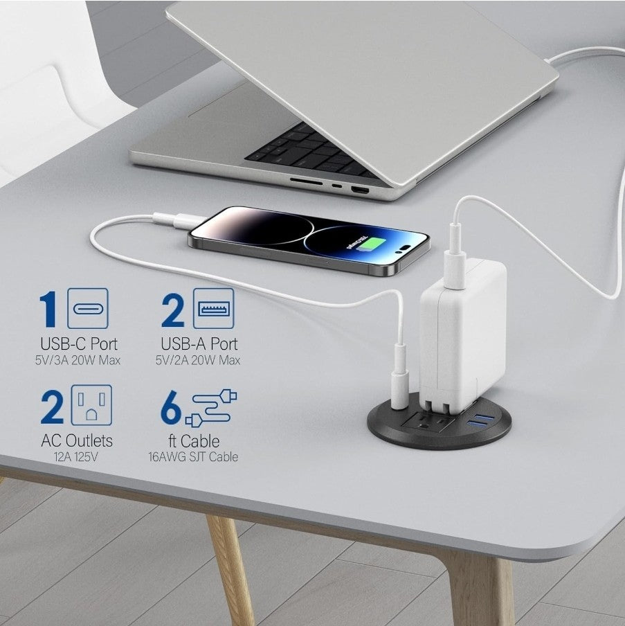 2pk Recessed Power Grommet with AC Outlets and USB-C Port FlushMount Desk Outlet