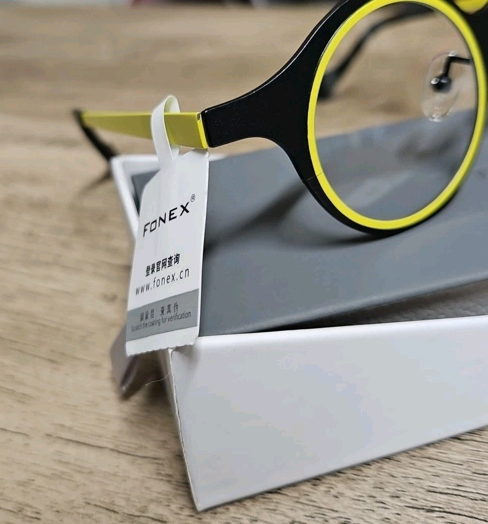 Unisex Round Titanium Eyeglasses Frame Black/ Yellow 39/27/150 Fonex