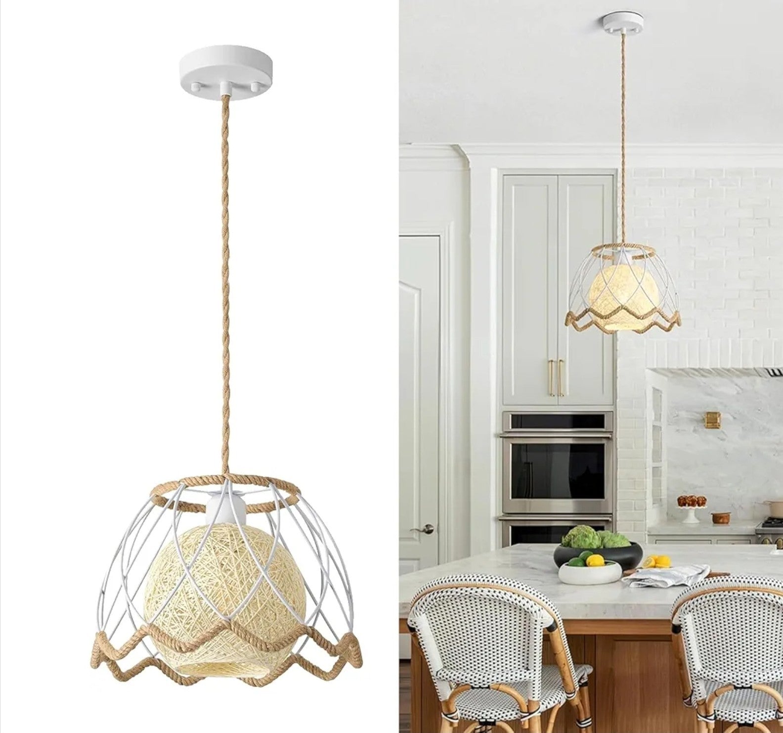 13'' Boho Rattan Pendant 1 Light Hand Woven Chandelier for Dining Room Fixture