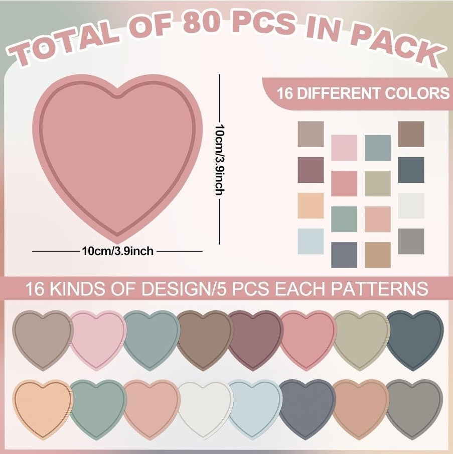 80 Pcs 4 Inch Large Heart Paper Cutouts Single Sided Heart Shape Paper Decor