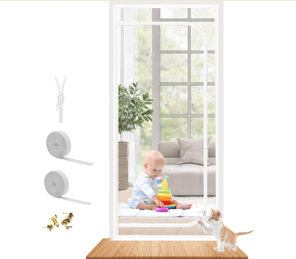 Reinforced Cat Screen Door 36"x80" Heavy Duty Pets Proof Zipper White Fits