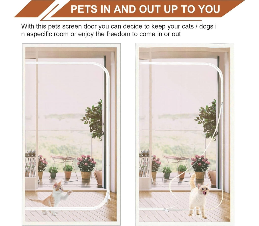 Reinforced Cat Screen Door 36"x80" Heavy Duty Pets Proof Zipper White Fits