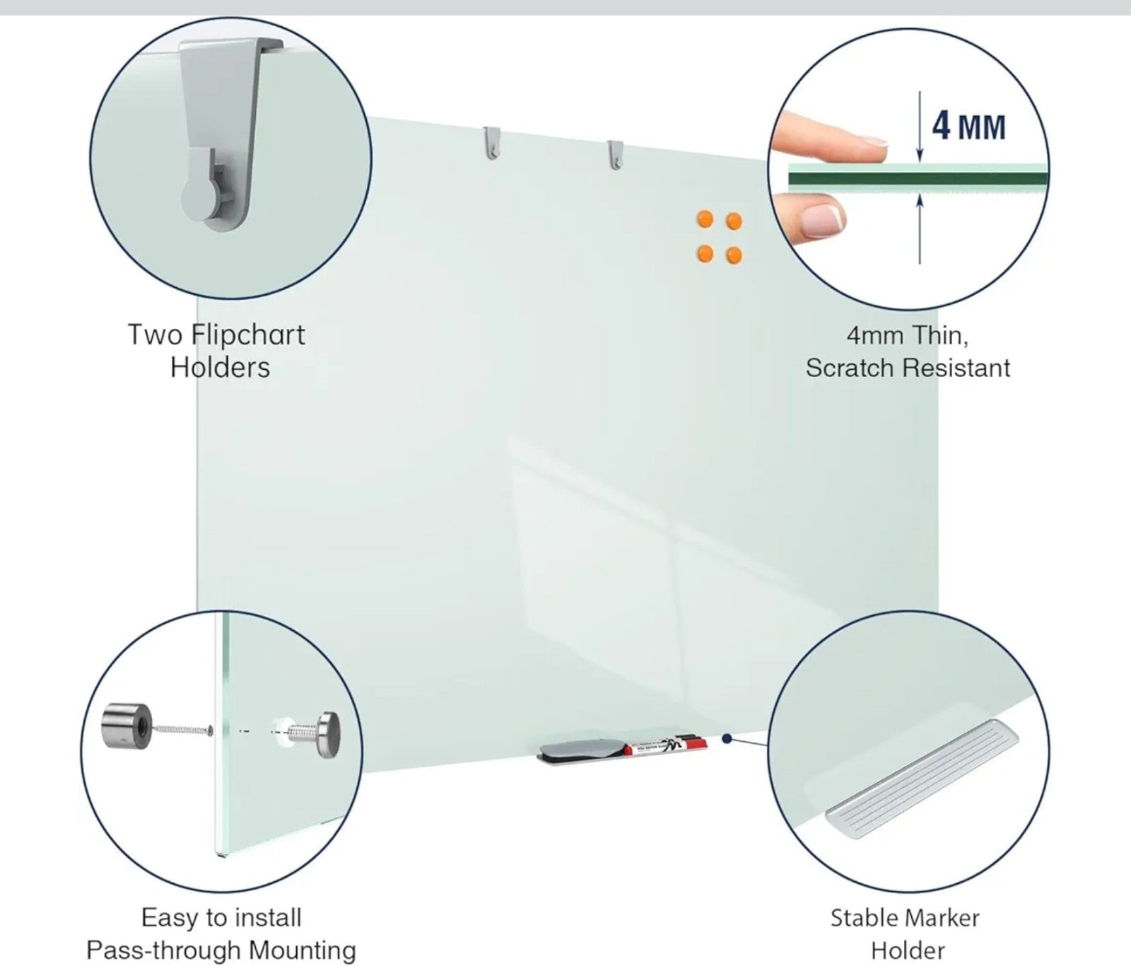 Glass Dry-Erase Board - 48 X 30 Inches Wall Mounted Whiteboard with Magnetism...