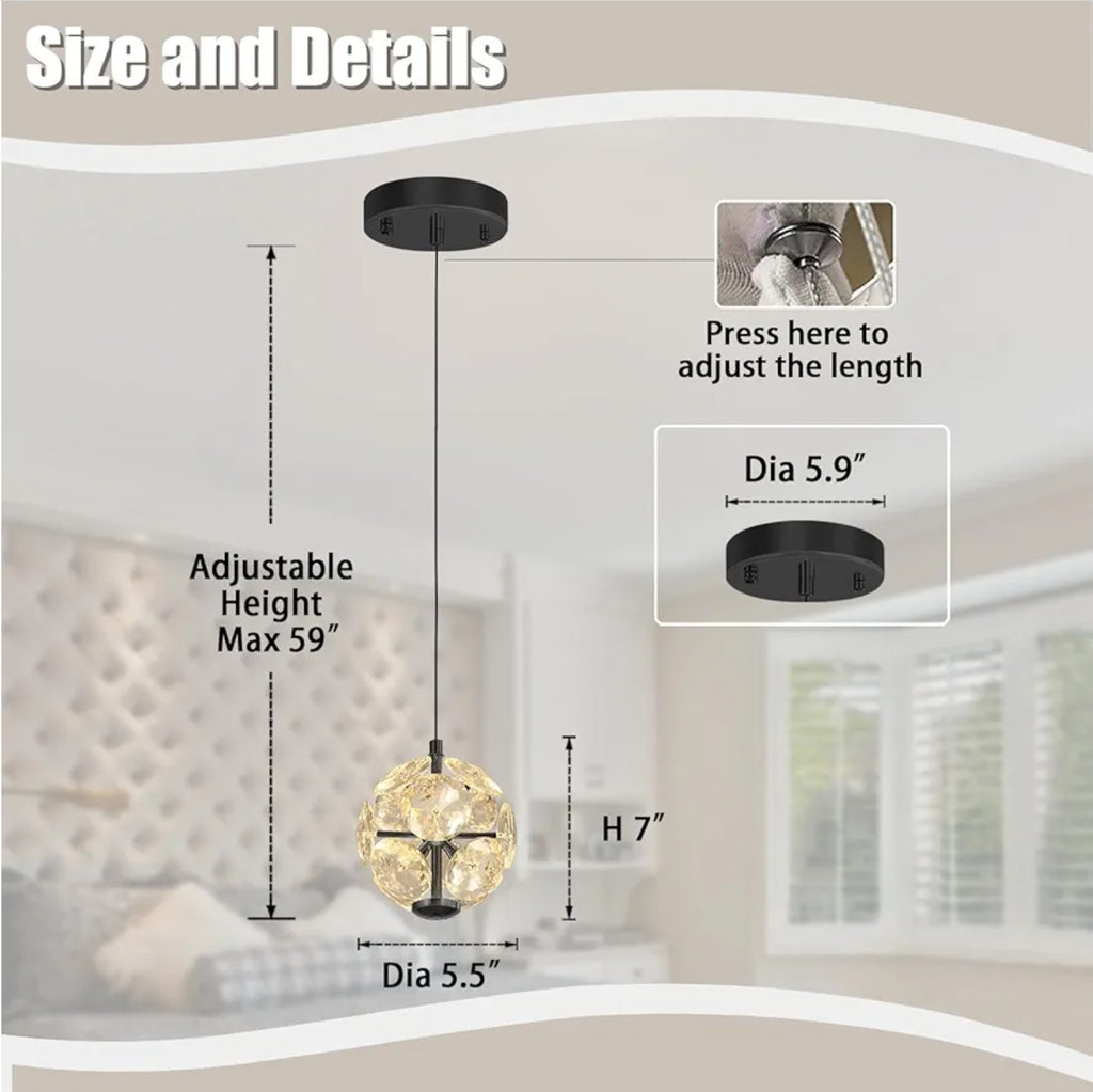 Pendant Light Single Head Black Crystal For Kitchen Island Dining Foyer Entrance